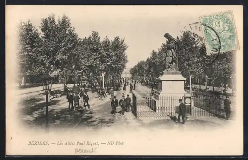 AK Béziers, Les Allées Paul Riquet et la statue animées