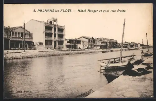 AK Palavas-les-Flots, Hôtel Rouger et quai rive droite