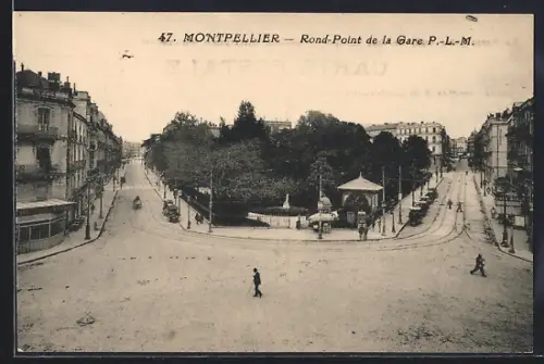AK Montpellier, Rond-Point de la Gare avec kiosque et rues adjacentes