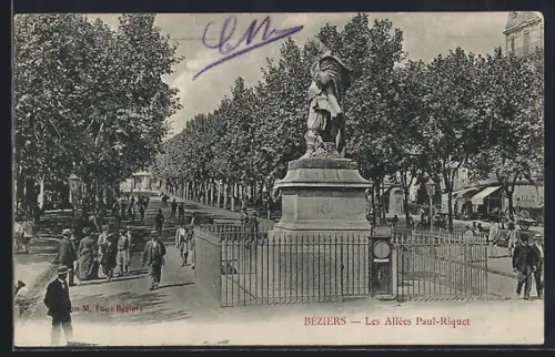 AK Béziers, Les Allées Paul-Riquet avec statue et promeneurs