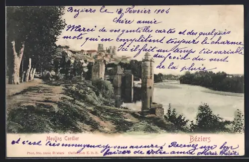 AK Béziers, Moulins Cordier et vue sur le pont et la rivière