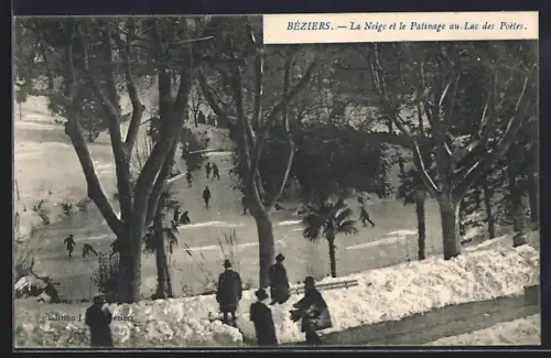AK Béziers, La Neige et le Patinage au Lac des Poètes