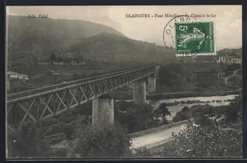 AK Olargues, Pont métallique et chemin de fer en paysage montagneux