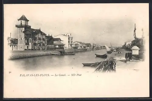 AK Palavas-les-Flots, Le Canal avec bateaux et bâtiments en bordure