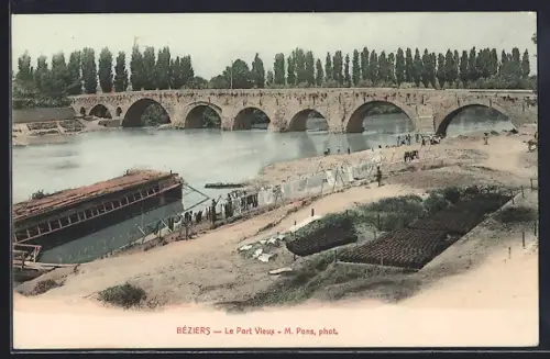 AK Béziers, Le Port Vieux et péniche sur la rivière