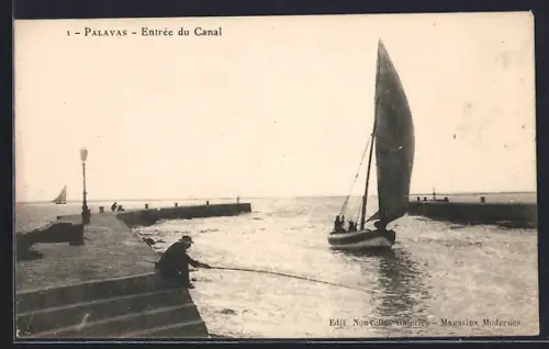 AK Palavas, Entrée du Canal avec voilier et pêcheur au bord