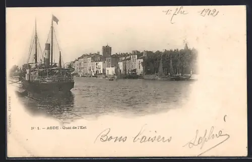 AK Agde, Quai de l`Est avec bateau à vapeur sur le fleuve