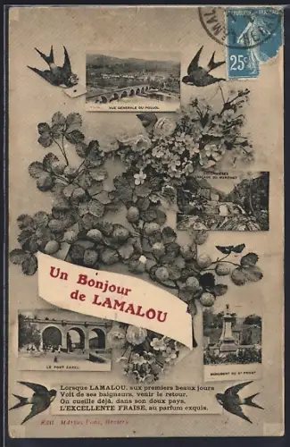 AK Lamalou, Un Bonjour de Lamalou avec vues de la région et décor floral