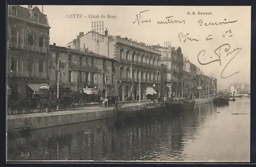 AK Cette, Quai de Bosc avec bateaux amarrés et bâtiments historiques