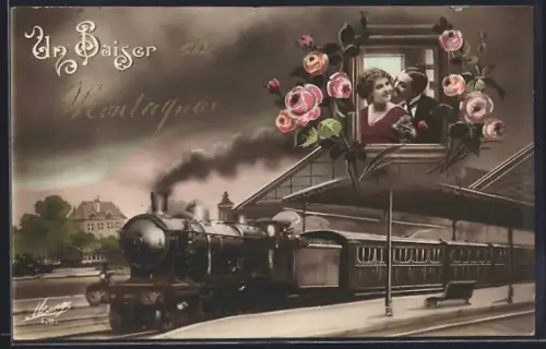 AK Montagnae, Un Baiser de Montargnae avec locomotive à vapeur et couple romantique