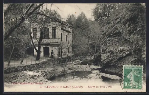AK Lamalou-les-Bains /Hérault, Source du Petit Vichy près d`une maison au bord de la rivière