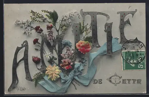 AK Amitié, Carte ornée de fleurs et ruban bleu