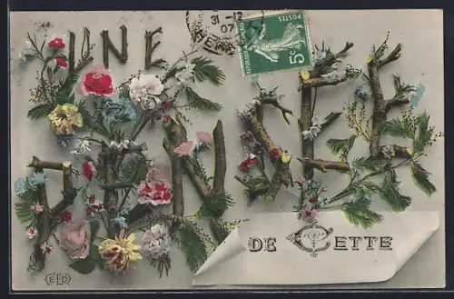 AK Cette, Une pensée fleurie avec timbre de 5c et cachet postal de 1907