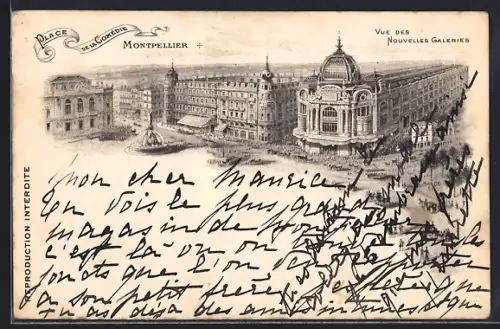 Lithographie Montpellier, Vue des Nouvelles Galeries sur la Place de la Comédie