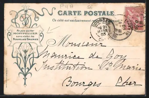 Lithographie Montpellier, Vue des Nouvelles Galeries sur la Place de la Comédie