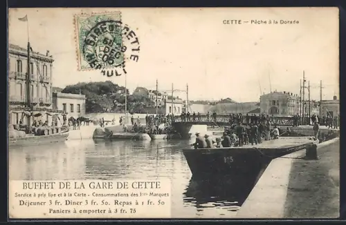 AK Cette, Pêche à la Dorade au port avec vue sur le buffet de la gare et les bateaux amarrés