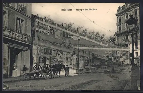 AK Béziers, Rampe des Poilus avec charrette et affiches publicitaires