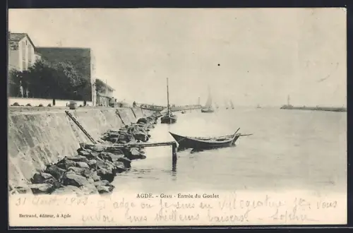 AK Agde, Grau, Entrée du Goulet avec bateaux amarrés