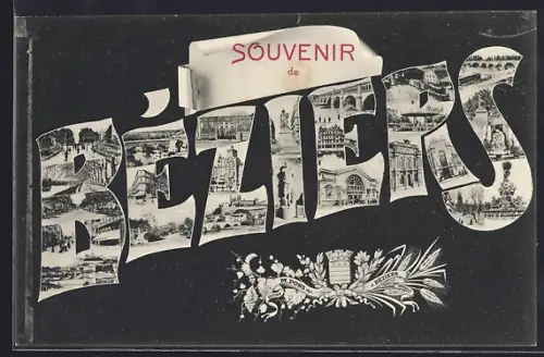 AK Béziers, Souvenir de Béziers avec vues intégrées dans le texte