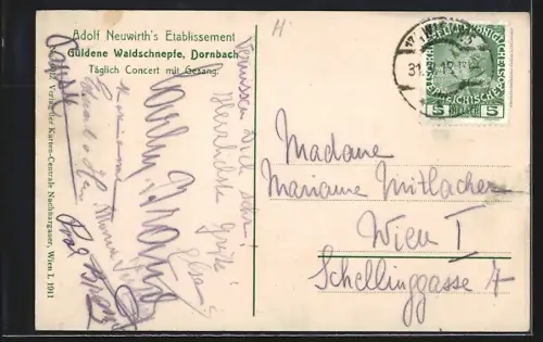 AK Dornbach / Wien, Gasthaus Güldene Waldschnepfe, Bes. Adolf Neuwirth