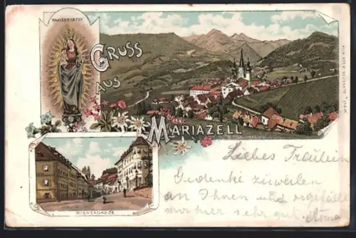 Lithographie Mariazell, Wienergasse, Marienstatue und Totalansicht