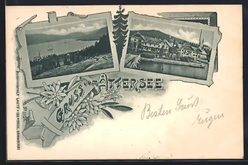 AK Attersee, Hotel mit Steg, Totalansicht, Edelweiss-Passepartout