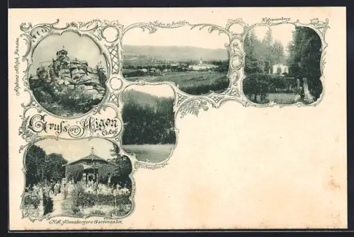 AK Aigen /Ob. Oest., Restaurant H. A. Almesbergers Gartensalon Bärnstein, Kalvarienberg und Plöckenstein-See