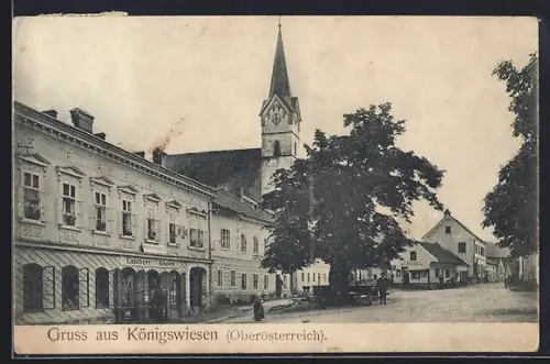 AK Königswiesen /Oberösterreich, Geschäft Lambert und Kitzler an der Kirche