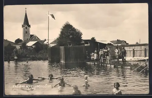 AK Hellmonsödt b. Linz, Freibad mit Blick zur Kirche