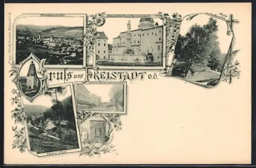 AK Freistadt /O. Ö., Linzervorstadt mit Gymnasium, Hauptplatz mit Mariensäule, Thury-Thal und Böhmertor