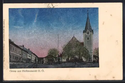 AK Hellmonsödt /O. Ö., Ortspartie an der Kirche