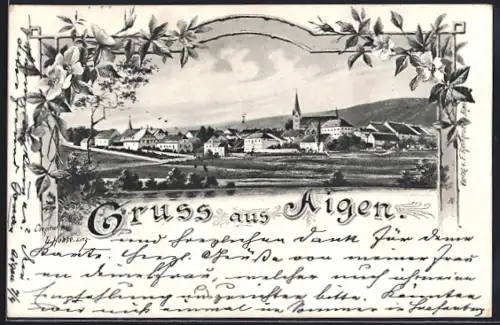 AK Aigen / O.-Ö., Ortsansicht im Blumenrahmen