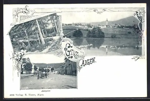 AK Aigen / O.-Ö., Marktplatz, Verschönerungsweges und Ortsansicht