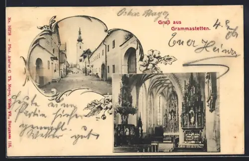 AK Grammastetten /Oberdonau, Strassenpartie und Innenansicht der Kirche