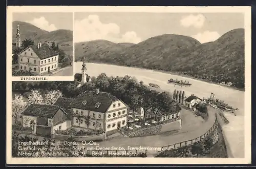 AK Engelhartszell a. d. Donau, Gasthof und Ortspartie mit Dampfer