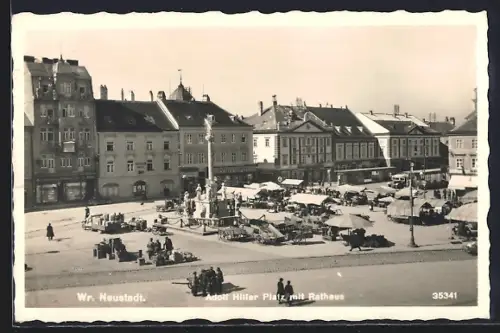 AK Wr. Neustadt, Markt auf dem  Platz, Rathaus