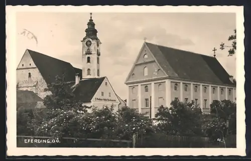AK Eferding /O.-Ö., Gasthof-Pension Buchinger und Kirche