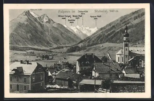 AK Fulpmes im Stubaital, Totalansicht mit Habicht u. Zuckerhütl