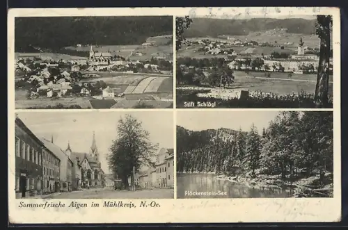 AK Aigen im Mühlkreis, Totalansicht, Plöckenstein-See, Stift Schlägl, Strassenpartie