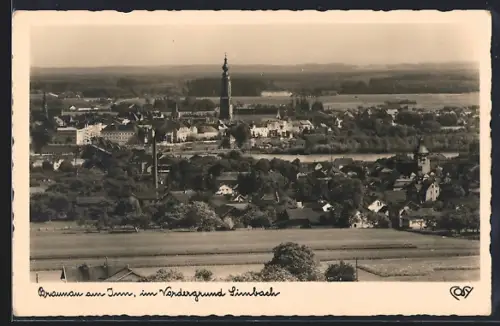 AK Braunau am Inn, Gesamtansicht mit Innbach aus der Vogelschau