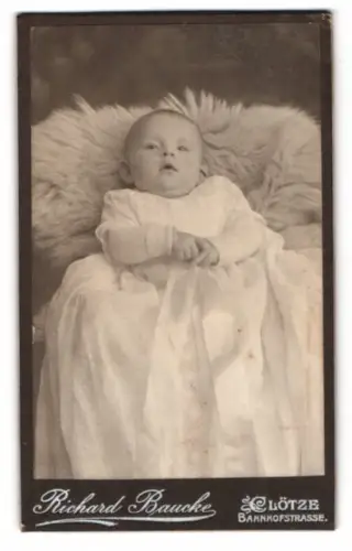 Fotografie Richard Baucke, Clötze, Bahnhofstrasse, Baby auf einem Fell
