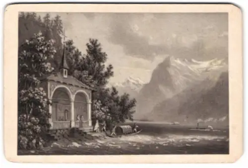 Fotografie unbekannter Fotograf, Ansicht Sisikon, die Tellskapelle am See