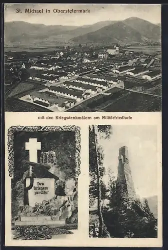 AK St. Michael in Obersteiermark, Ortsansicht aus der Vogelschau, Kriegerdenkmäler am Militärfriedhof