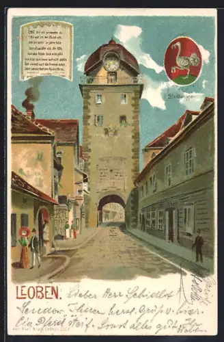 Lithographie Leoben, Strassenpartie, Stadtwappen