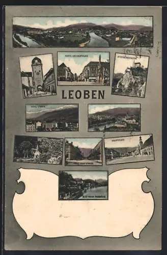 AK Leoben, Totalansicht, Stadttor, Partie am Hauptplatz, Kaltenbrunnen, Franz-Josefstrasse, Blick von der Murbrücke