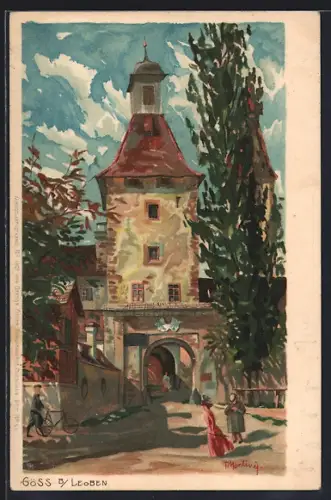 Künstler-AK Göss / Leoben, Strassenpartie mit Blick auf einen Torturm