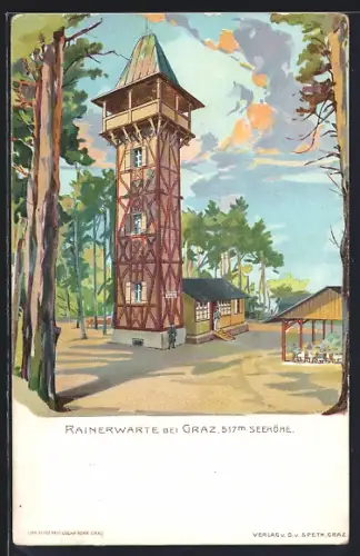 Künstler-AK Graz, Blick auf die Rainerwarte