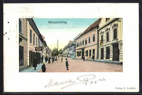 AK Mürzzuschlag, Strassenpartie mit Geschäften