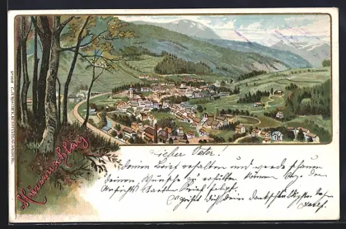 Lithographie Mürzzuschlag, Panorama ins Tal