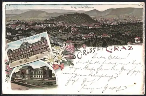 Lithographie Graz, K. k. Hauptpostanstalt, Universität, Blick von der Hilmwarte auf die Stadt